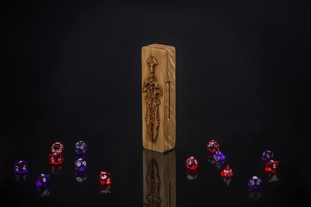 Handcrafted Wooden Dice Vault with Engraved Sword Motif - JTNLAB