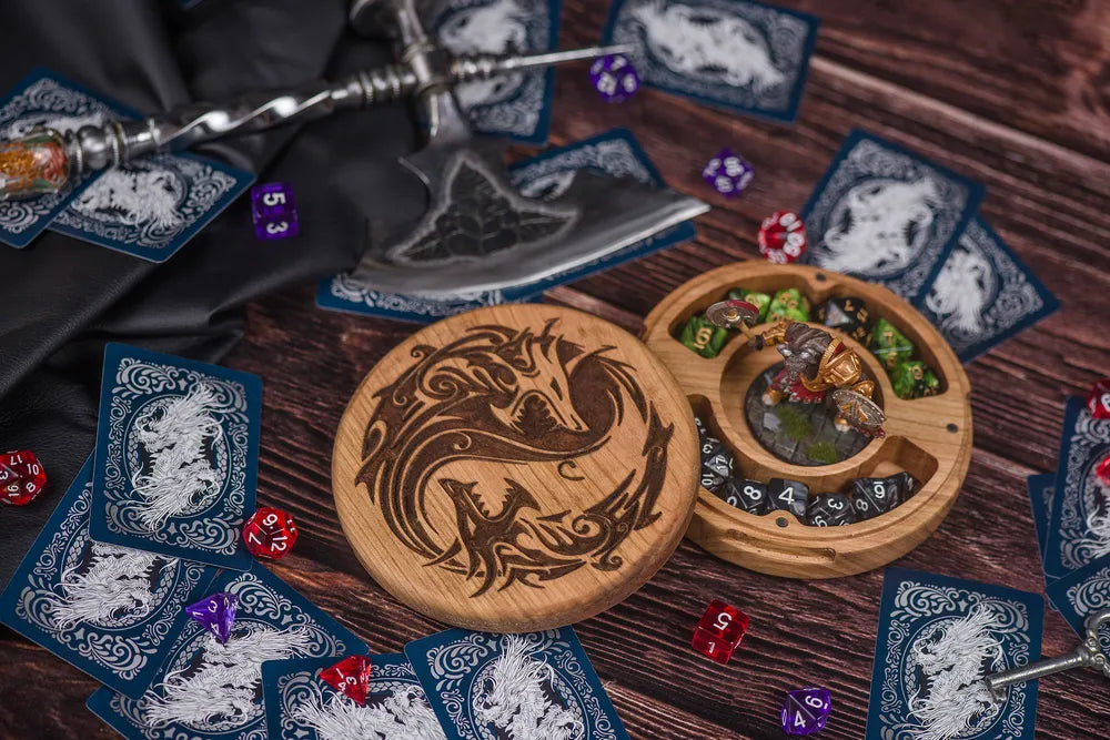 Dragon Crest Engraved Wooden Dice Vault - JTNLAB