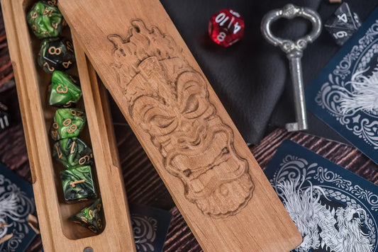 Engraved Wooden Dice Vault with Polyhedral Dice Set for Dungeons & Dragons - JTNLAB