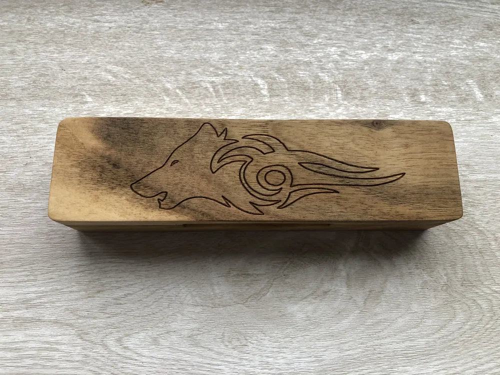 Wolf Engraved Wooden Dice Box with Purple Polyhedral Dice Set - JTNLAB