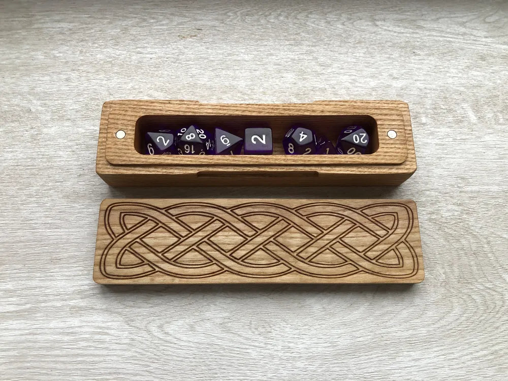 Celtic Knot Engraved Wooden Dice Box with Purple Dice Set - JTNLAB