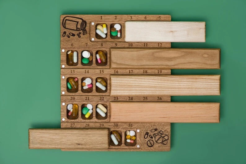 Wooden Travel Large Monthly Pill Box - Pill Organizer 30-31 Day - JTNLAB