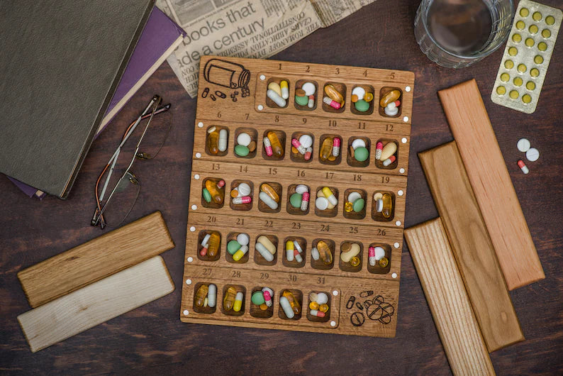 Wooden Travel Large Monthly Pill Box - Pill Organizer 30-31 Day - JTNLAB