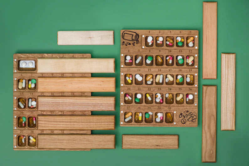 Wooden Travel Large Monthly Pill Box - Pill Organizer 30-31 Day - JTNLAB