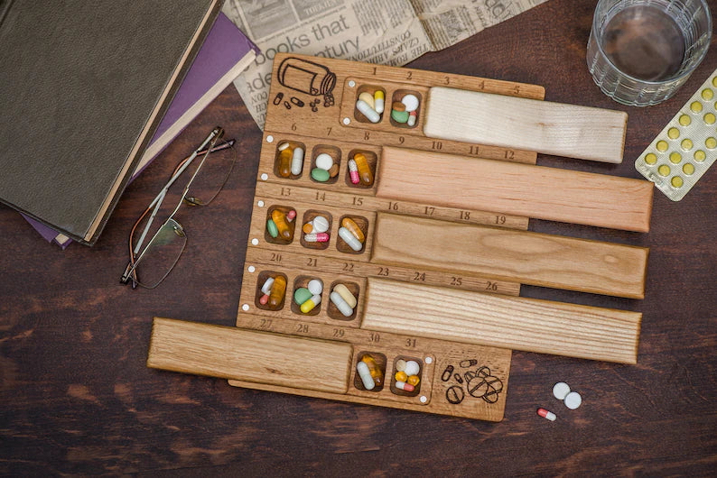 Wooden Travel Large Monthly Pill Box - Pill Organizer 30-31 Day - JTNLAB
