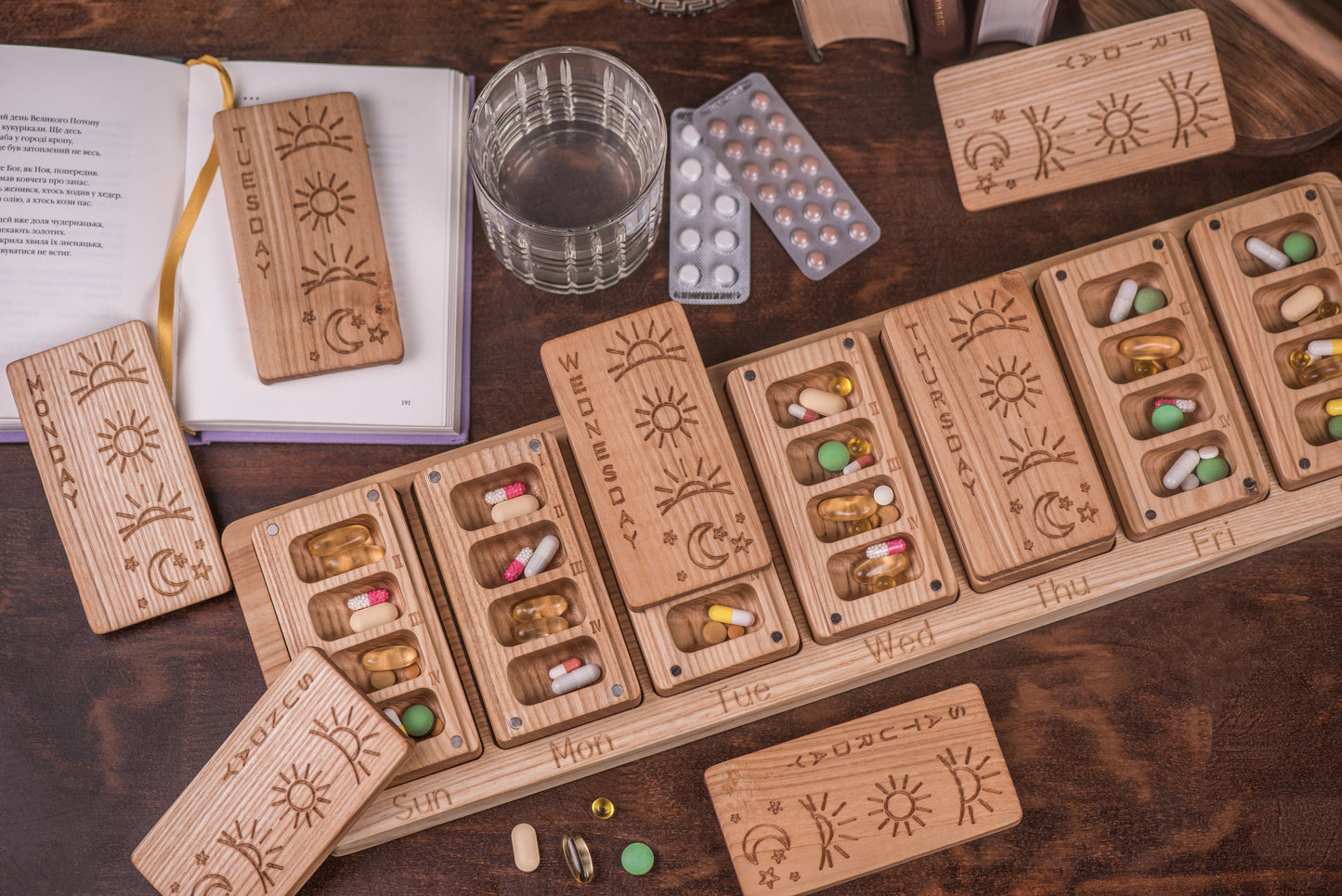 Wooden Pill Box 7 Day Night 4 times day Modular wall box 9 - JTNLAB