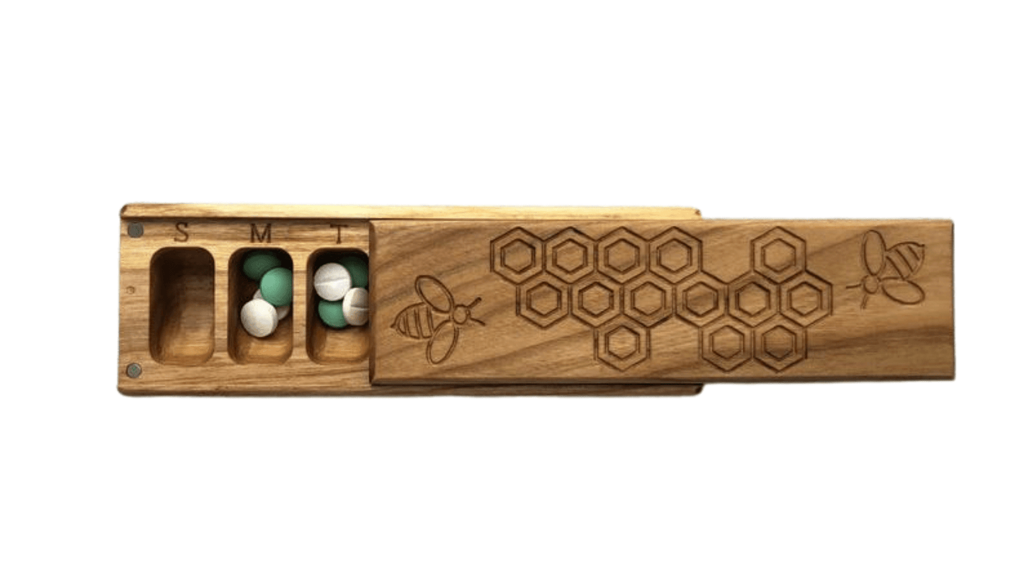 JTNlab PILLBOX Cherry / No Personalization / Internal Lid WOODEN PILL BOX - HONEYCOMB vs BEES