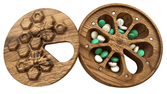JTNlab PILLBOX ROUND WOODEN PILL BOX - 3D HONEYCOMB vs BEES