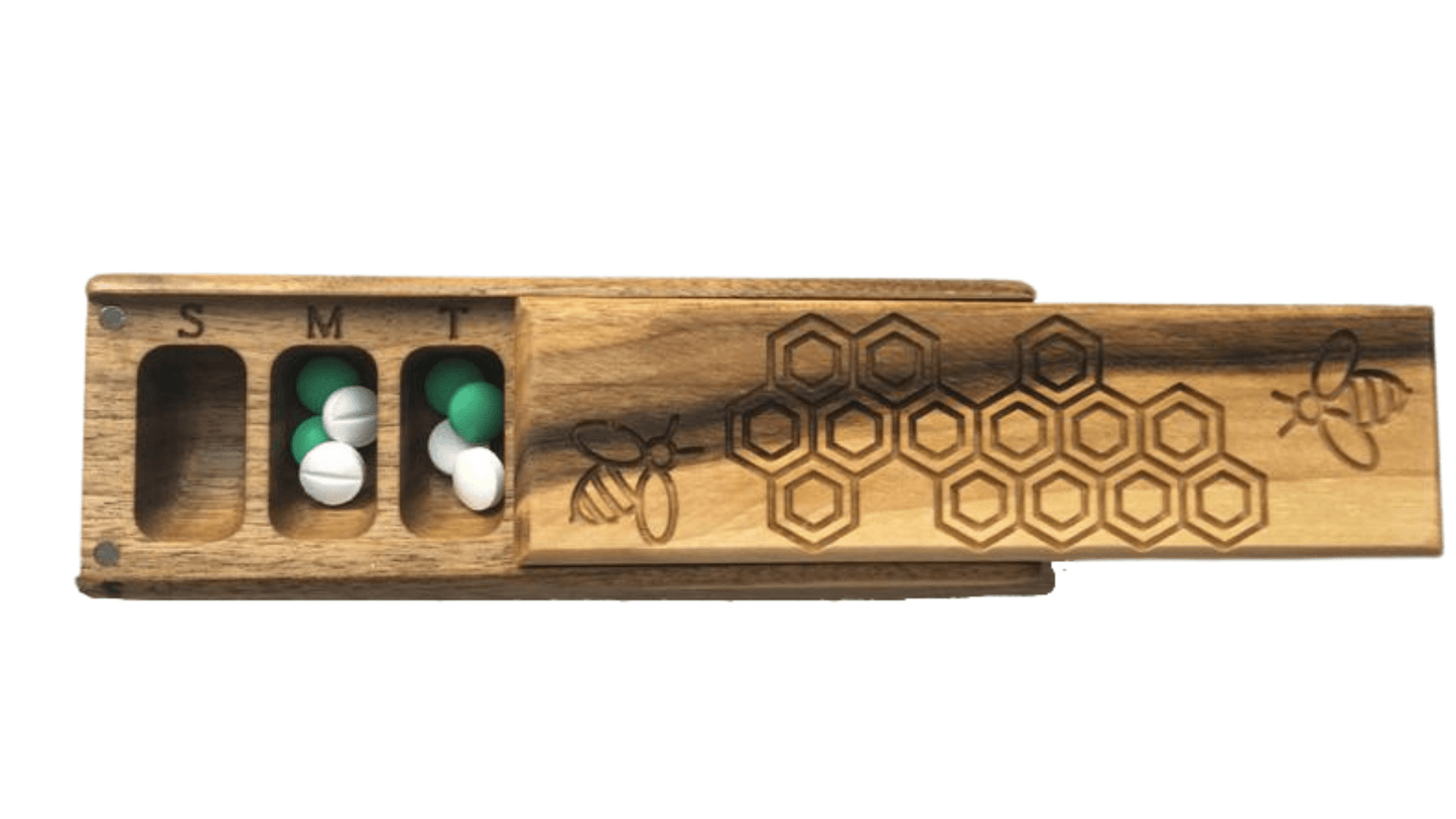 JTNlab PILLBOX Walnut / No Personalization / Internal Lid WOODEN PILL BOX - HONEYCOMB vs BEES