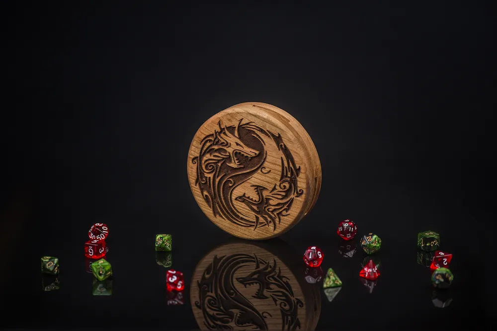 Dragon Crest Engraved Wooden Dice Vault - JTNLAB