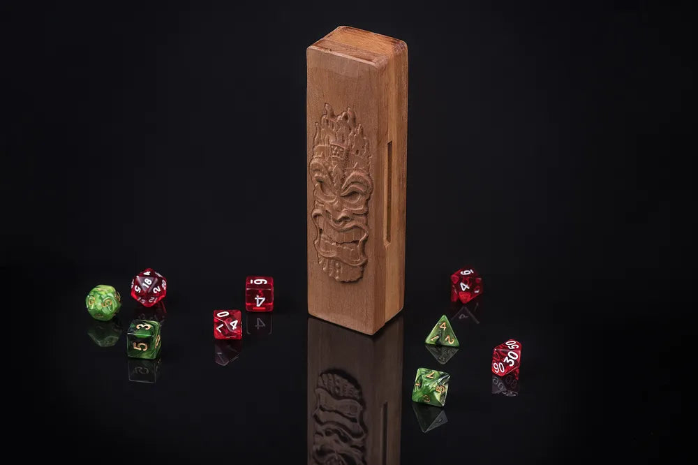 Engraved Wooden Dice Vault with Polyhedral Dice Set for Dungeons & Dragons - JTNLAB