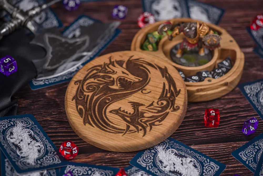 Dragon Crest Engraved Wooden Dice Vault - JTNLAB