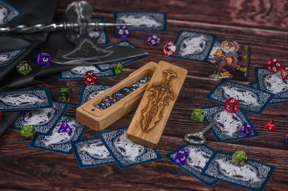 Handcrafted Wooden Dice Vault with Engraved Sword Motif - JTNLAB