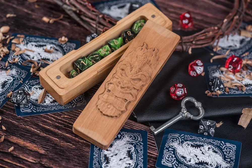 Engraved Wooden Dice Vault with Polyhedral Dice Set for Dungeons & Dragons - JTNLAB