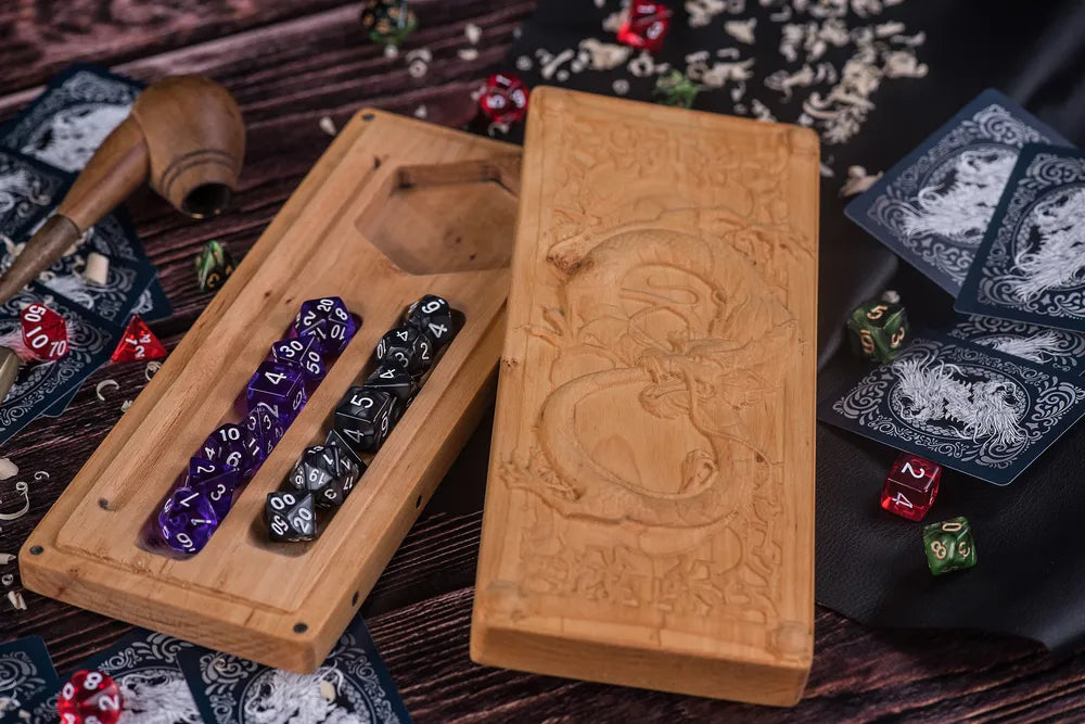 Dragon Carved Dice Tower Set for Tabletop RPGs - JTNLAB