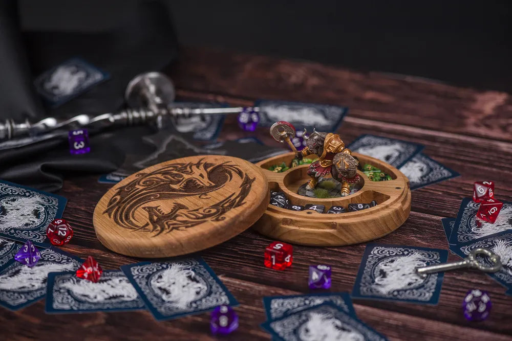 Dragon Crest Engraved Wooden Dice Vault - JTNLAB