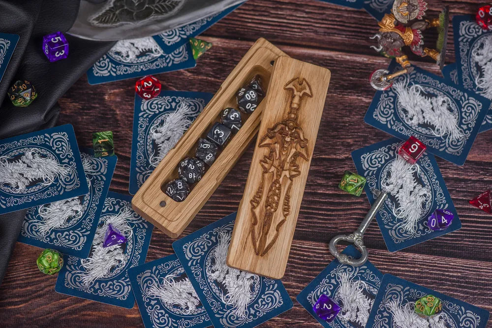 Handcrafted Wooden Dice Vault with Engraved Sword Motif - JTNLAB