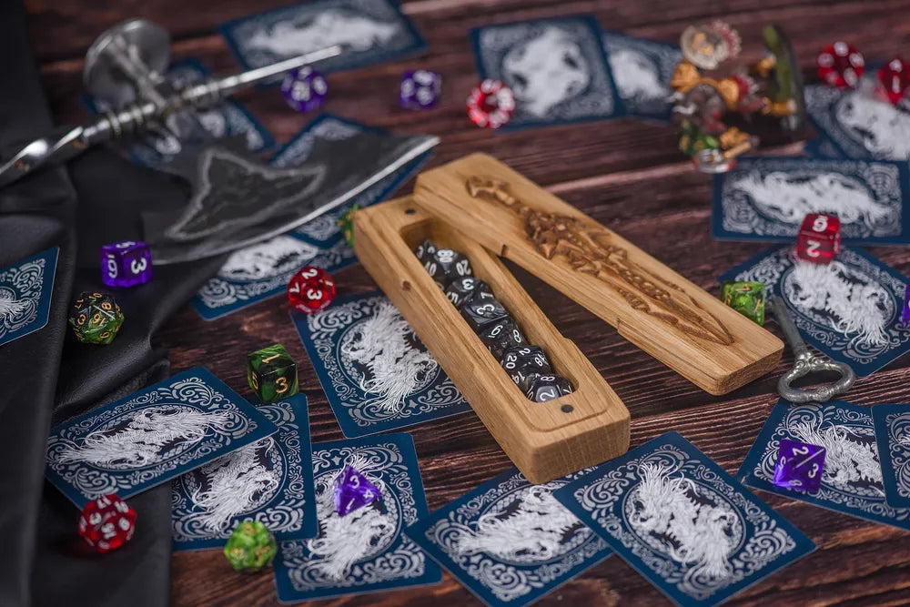 Handcrafted Wooden Dice Vault with Engraved Sword Motif - JTNLAB