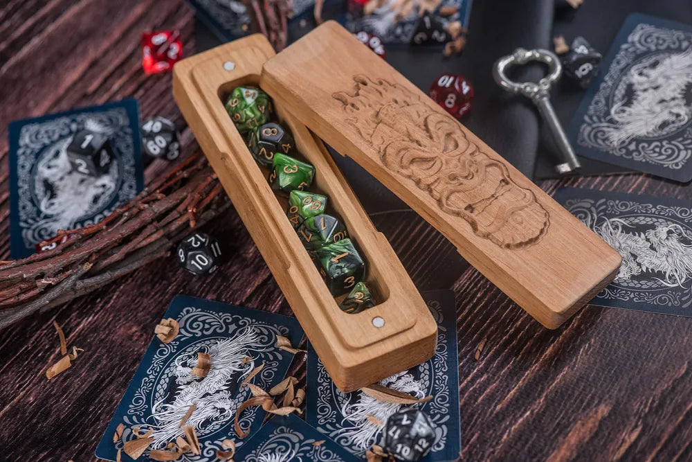 Engraved Wooden Dice Vault with Polyhedral Dice Set for Dungeons & Dragons - JTNLAB