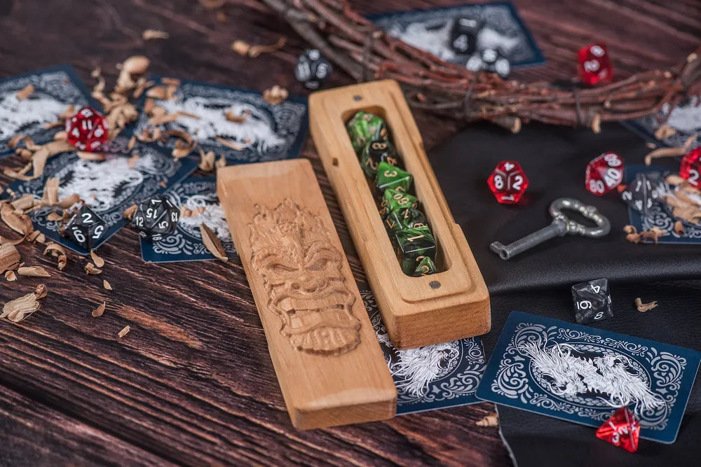 Engraved Wooden Dice Vault with Polyhedral Dice Set for Dungeons & Dragons - JTNLAB
