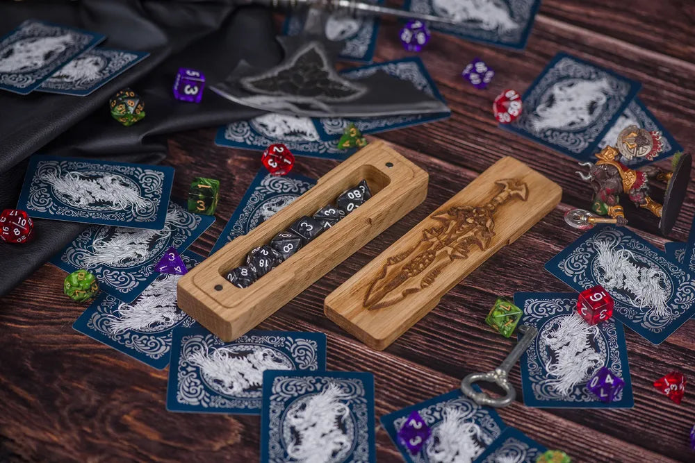 Handcrafted Wooden Dice Vault with Engraved Sword Motif - JTNLAB