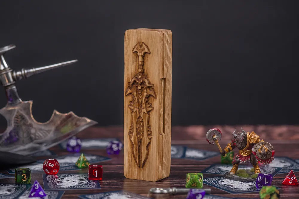Handcrafted Wooden Dice Vault with Engraved Sword Motif - JTNLAB