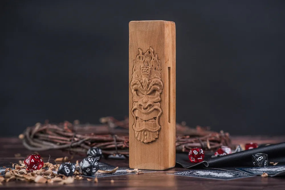 Engraved Wooden Dice Vault with Polyhedral Dice Set for Dungeons & Dragons - JTNLAB