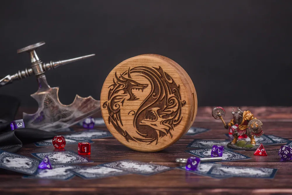 Dragon Crest Engraved Wooden Dice Vault - JTNLAB