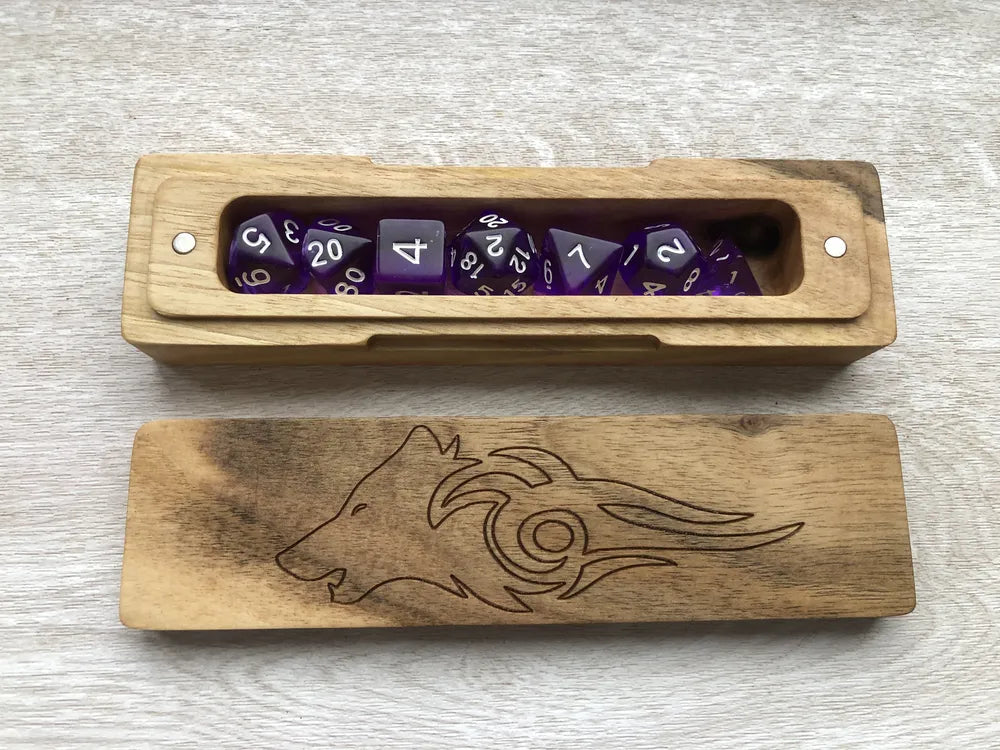 Wolf Engraved Wooden Dice Box with Purple Polyhedral Dice Set - JTNLAB
