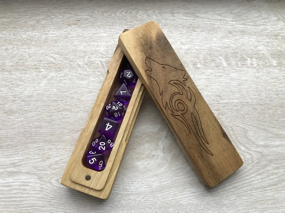 Wolf Engraved Wooden Dice Box with Purple Polyhedral Dice Set - JTNLAB