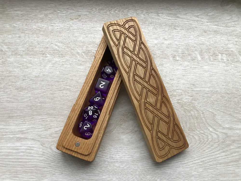 Celtic Knot Engraved Wooden Dice Box with Purple Dice Set - JTNLAB