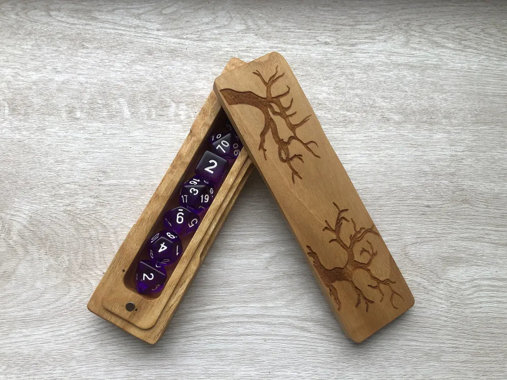 Elegant Wooden Dice Box with Tree Engraving - JTNLAB