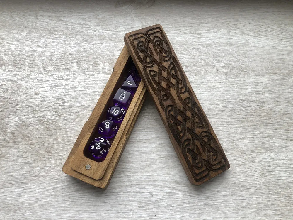 Celtic Knot Engraved Wooden Dice Box with Polyhedral Dice Set - JTNLAB