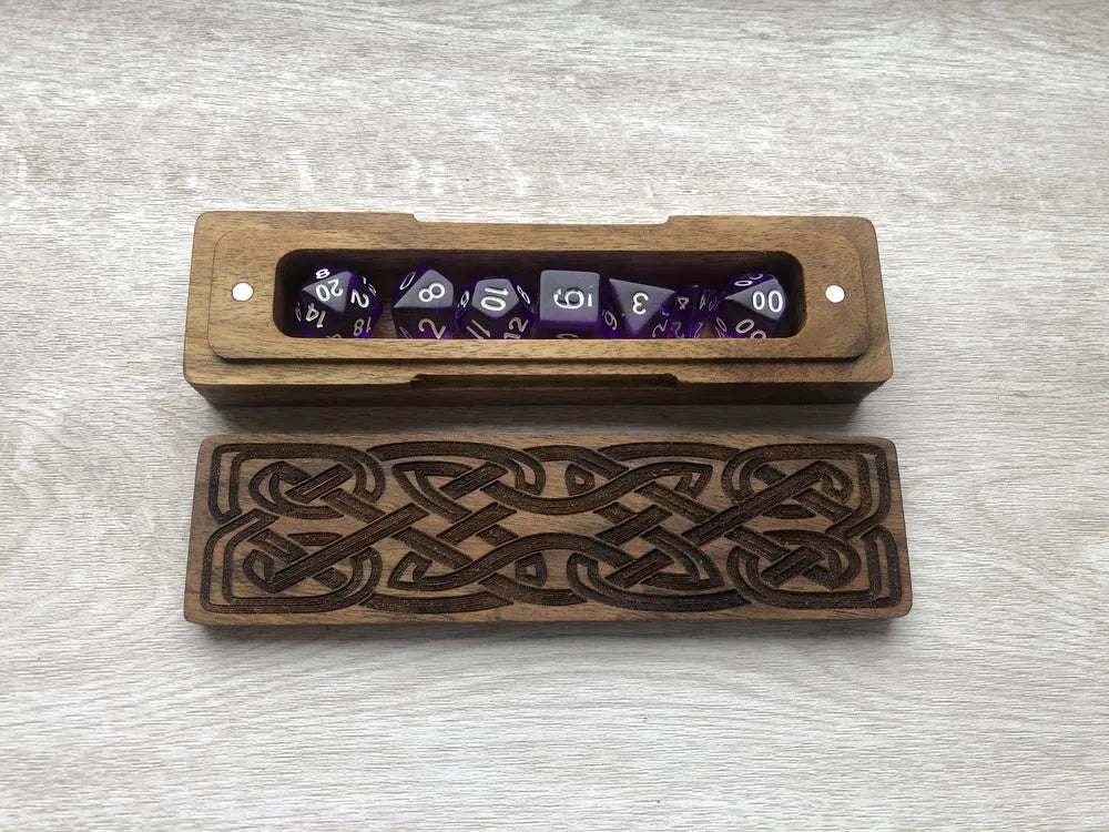 Celtic Knot Engraved Wooden Dice Box with Polyhedral Dice Set - JTNLAB