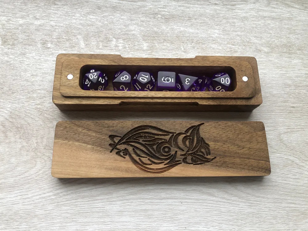 Artisan Owl Engraved Wooden Dice Box with Magnetic Lid - JTNLAB