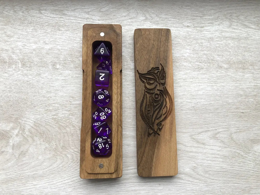 Artisan Owl Engraved Wooden Dice Box with Magnetic Lid - JTNLAB