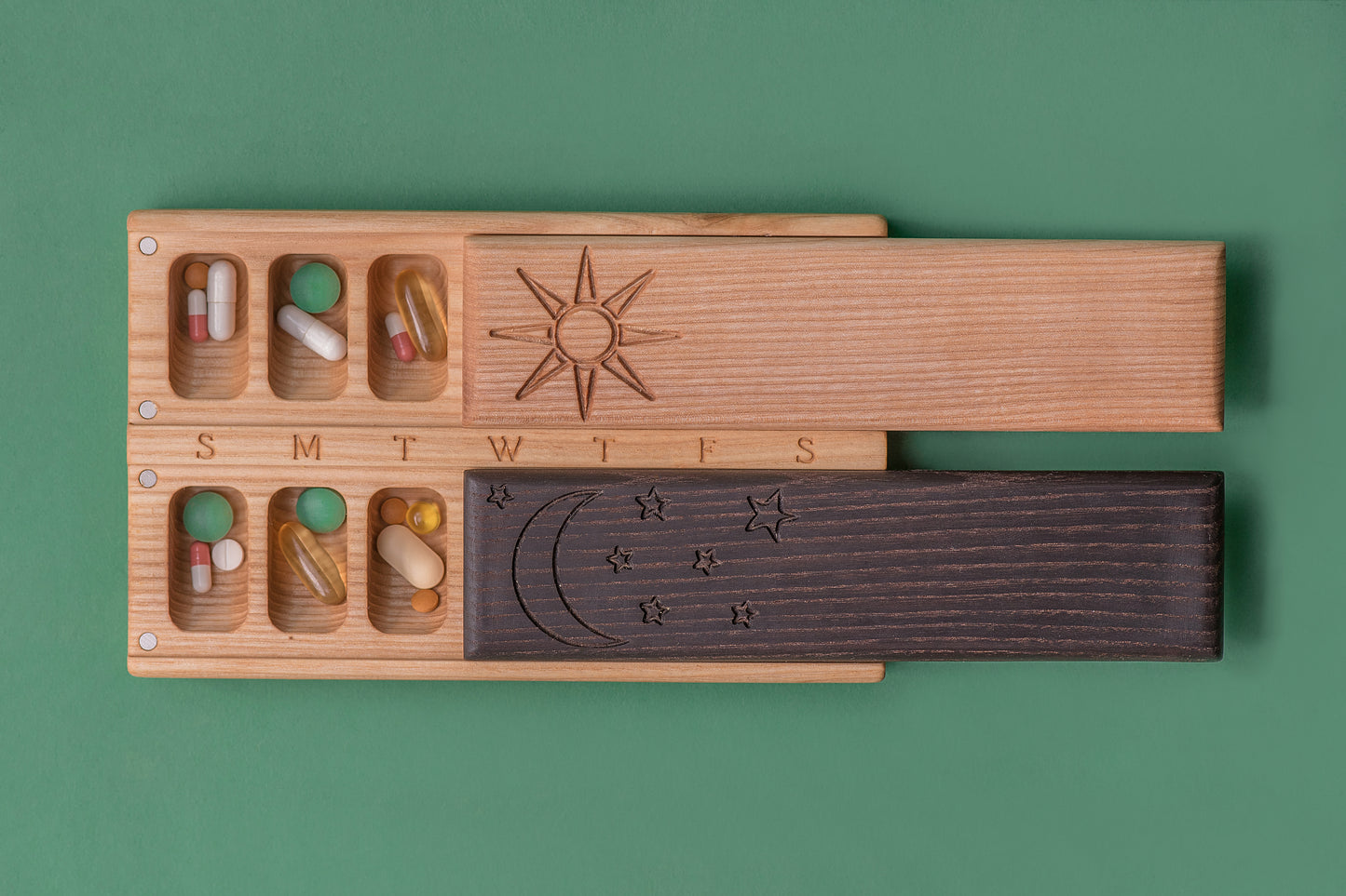 Pill Case Organizer Natural Wood Decorative Ornament Sun And Moon 5 - JTNLAB