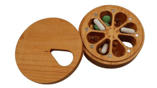 ROUND WEEKLY POCKET PILL BOX  - NATURAL WOOD - JTNLAB