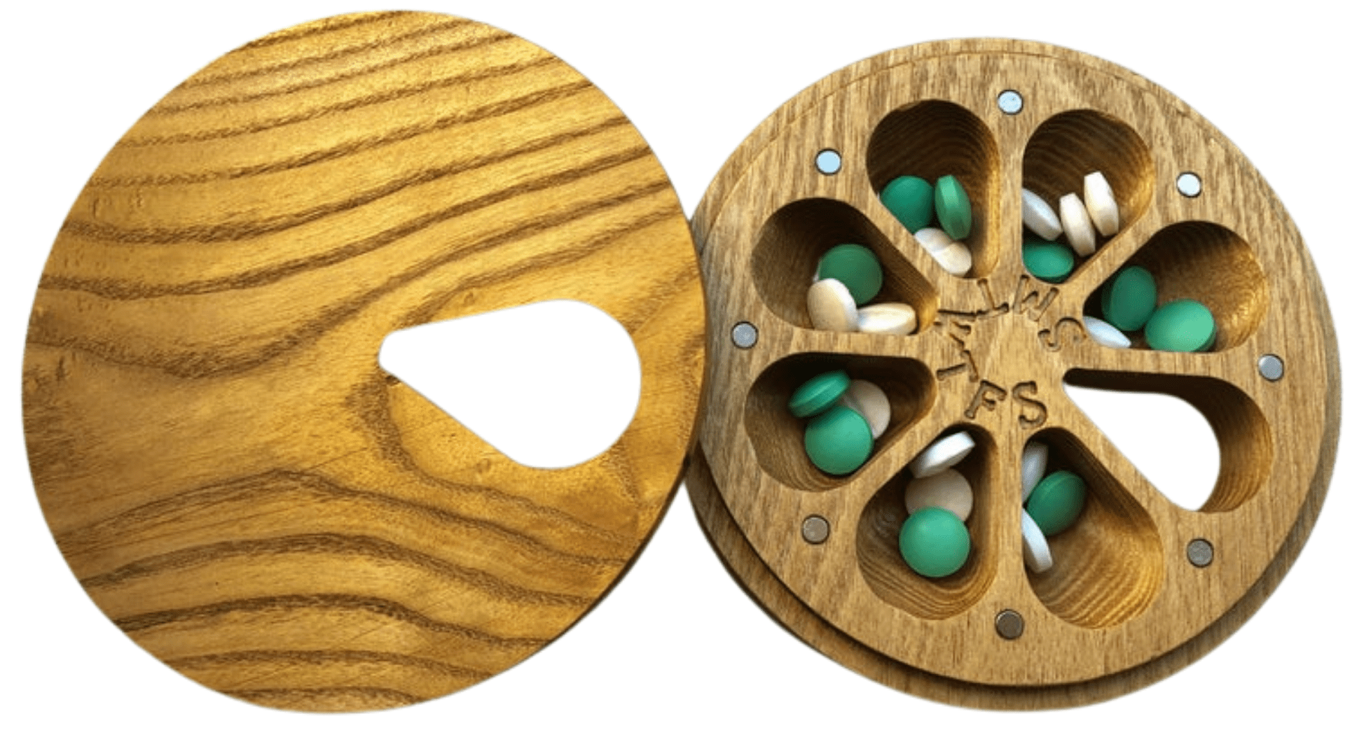 JTNlab PILLBOX Acacia / Add Initials (+$10.00) / External Lid ROUND WEEKLY PILL BOX  - NATURAL WOOD