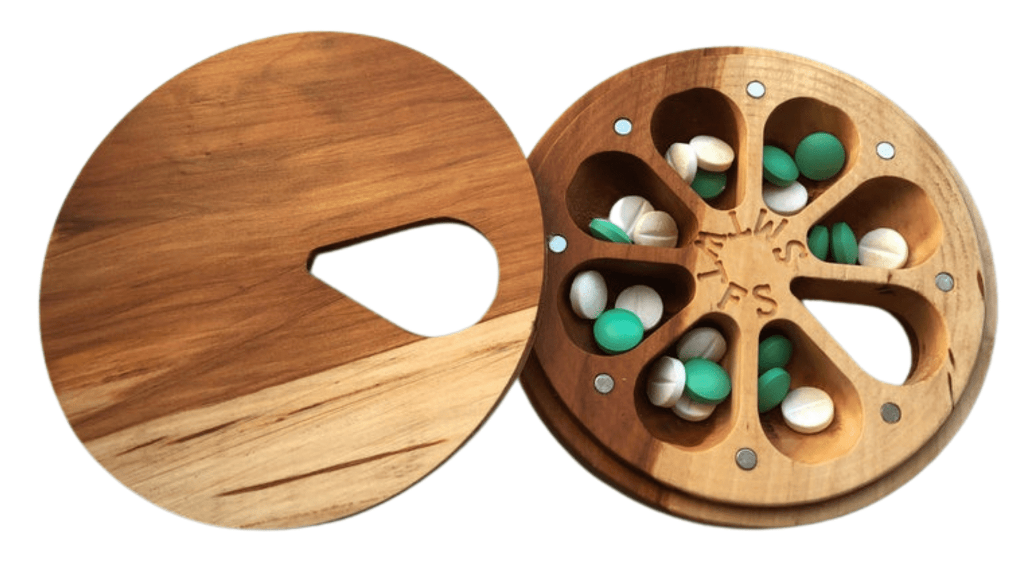 JTNlab PILLBOX Alder / Add Initials (+$10.00) / External Lid ROUND WEEKLY PILL BOX  - NATURAL WOOD