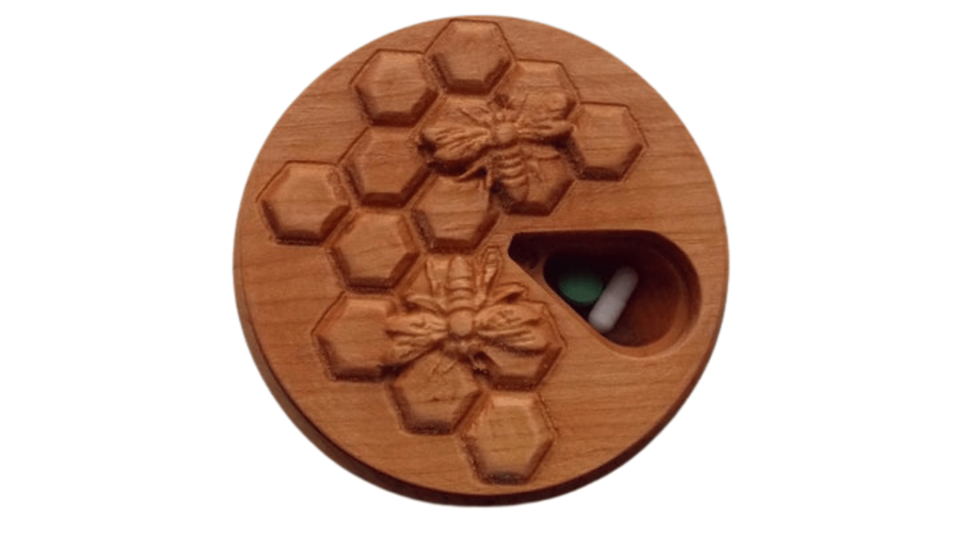 JTNlab PILLBOX Alder / Internal Lid / No Personalization ROUND WOODEN PILL BOX - 3D HONEYCOMB vs BEES