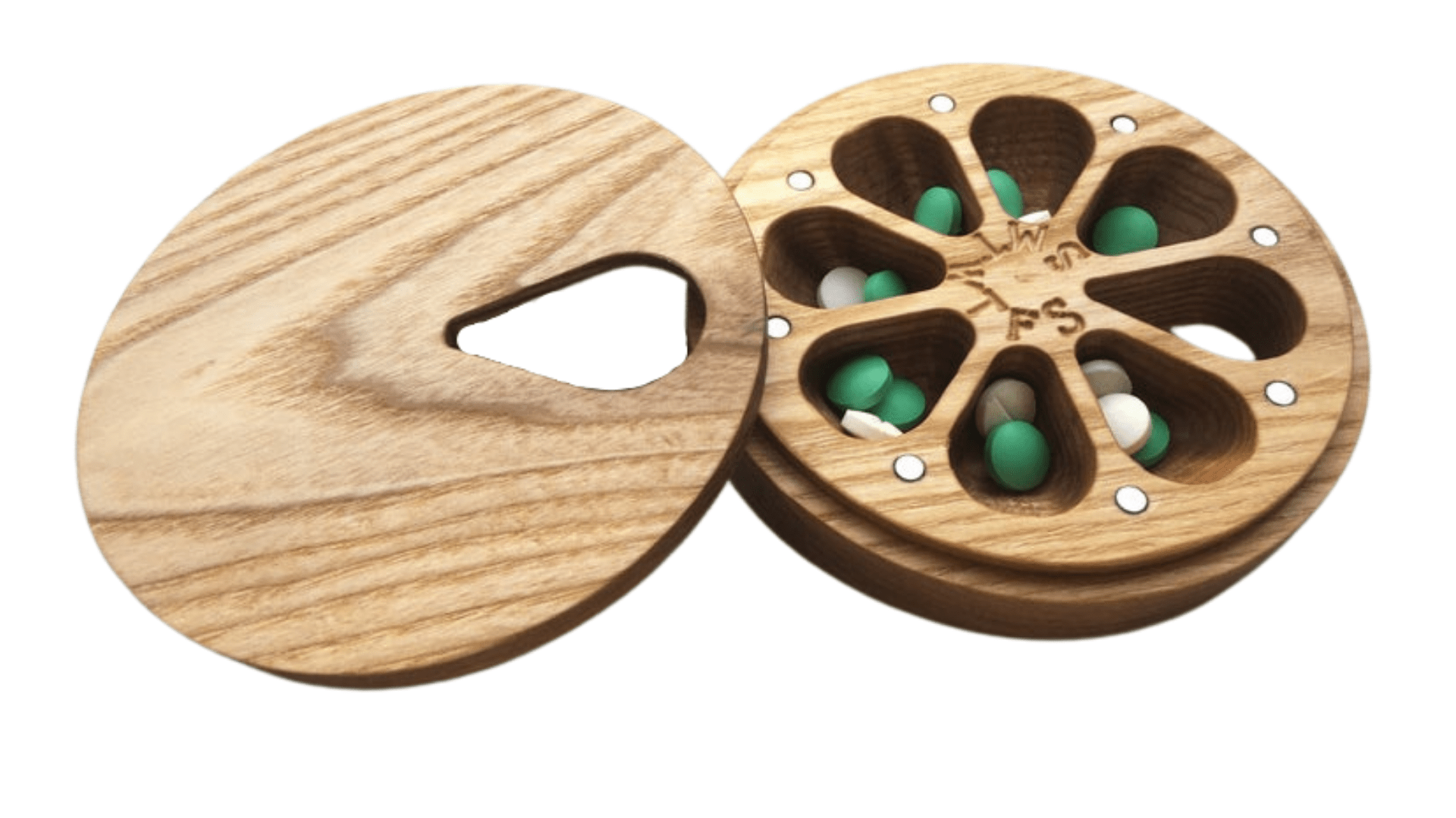 JTNlab PILLBOX Ash / Add Initials (+$10.00) / External Lid ROUND WEEKLY PILL BOX  - NATURAL WOOD