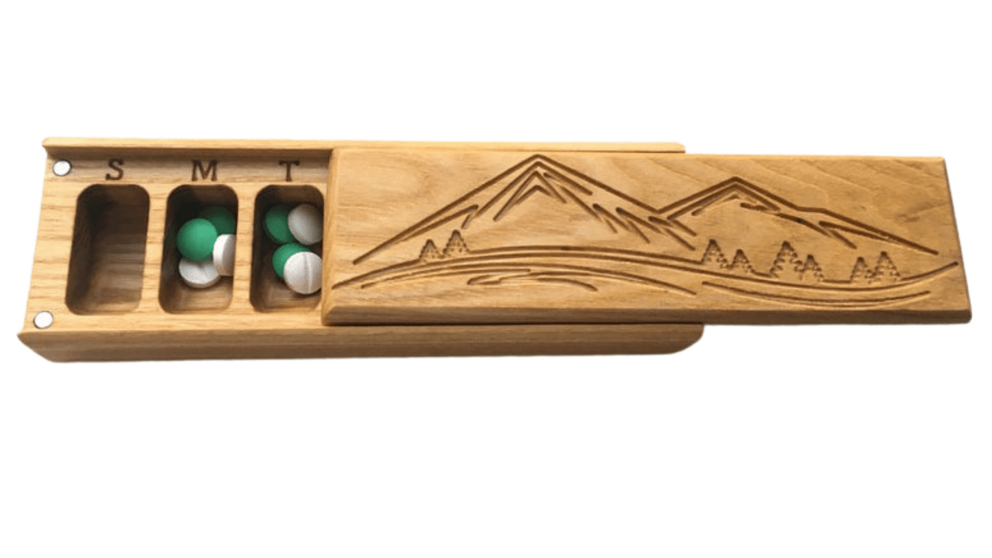 JTNlab PILLBOX Ash / No Personalization / Internal Lid WOODEN PILL BOX -  MOUNTAINS