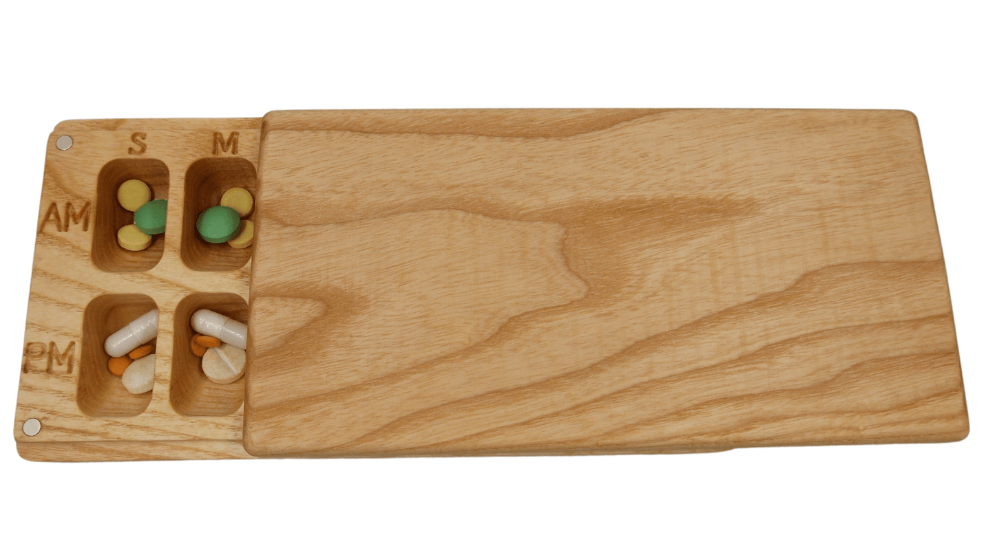 JTNlab PILLBOX Ash / No Personalization WOODEN DAY/NIGHT A.M.-P.M. PILL BOX - NATURAL WOOD