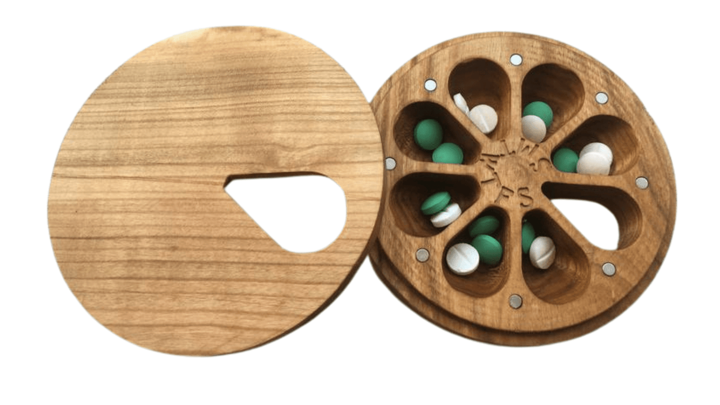 JTNlab PILLBOX Cherry / Add Initials (+$10.00) / External Lid ROUND WEEKLY PILL BOX  - NATURAL WOOD