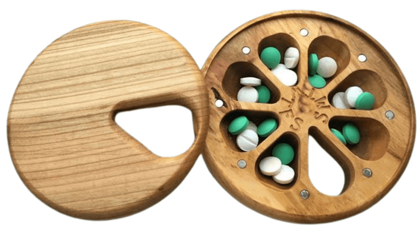 JTNlab PILLBOX Cherry / Add Initials (+$10.00) / Internal Lid ROUND WEEKLY PILL BOX  - NATURAL WOOD