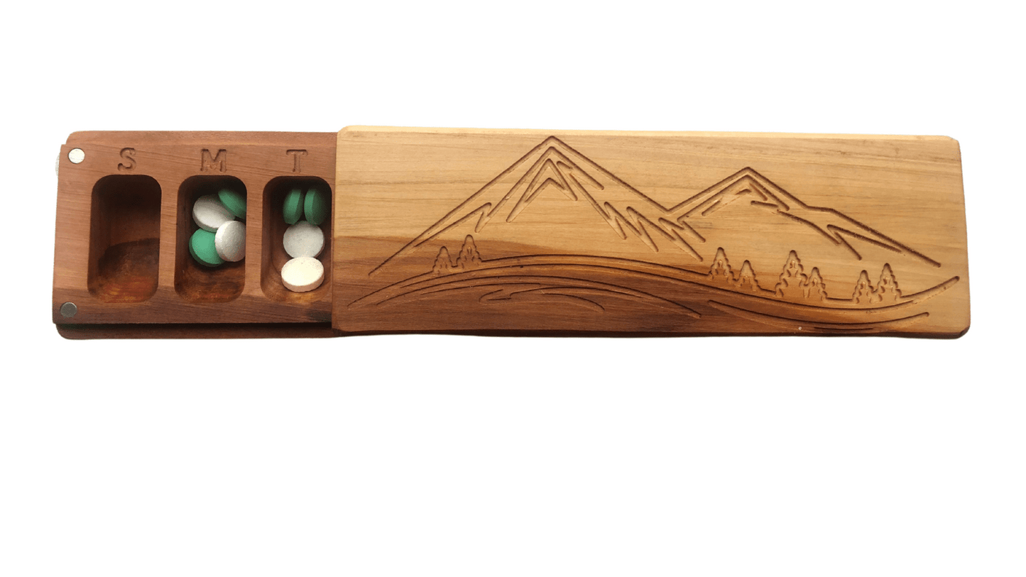 JTNlab PILLBOX Cherry / No Personalization / External Lid WOODEN PILL BOX -  MOUNTAINS