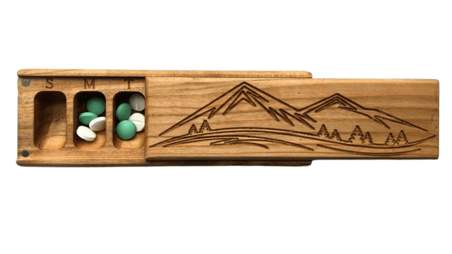 JTNlab PILLBOX Cherry / No Personalization / Internal Lid WOODEN PILL BOX -  MOUNTAINS