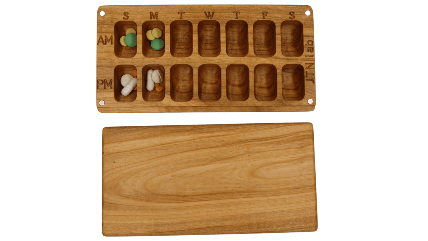 JTNlab PILLBOX Cherry / No Personalization WOODEN DAY/NIGHT A.M.-P.M. PILL BOX - NATURAL WOOD