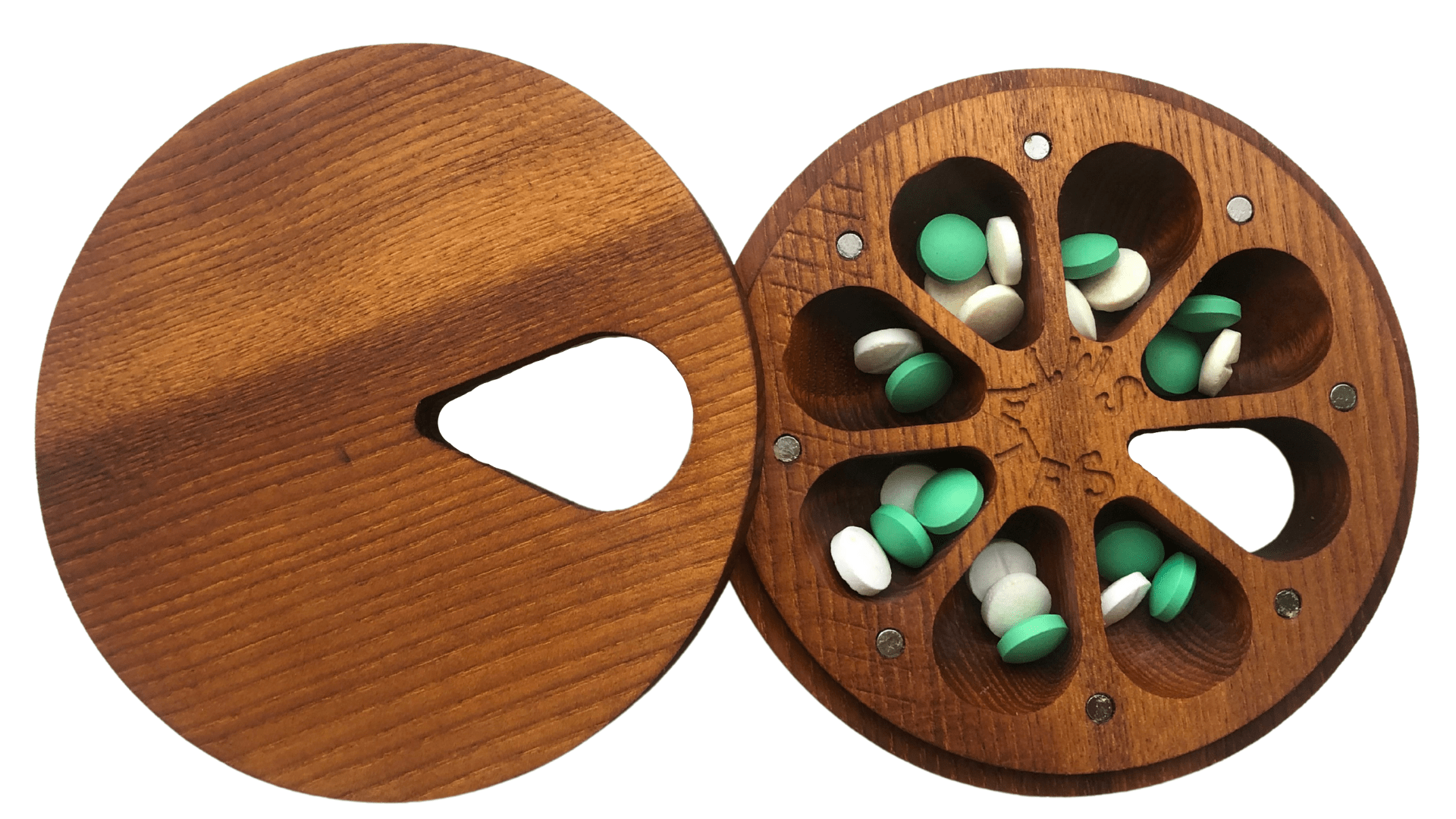 JTNlab PILLBOX Dried Ash / Add Initials (+$10.00) / External Lid ROUND WEEKLY PILL BOX  - NATURAL WOOD